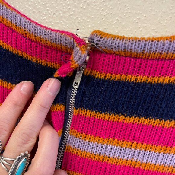 Vintage 70s Handmade Striped Mod Knit Sweater Shift Dress | Size M/L - Picture 10 of 12